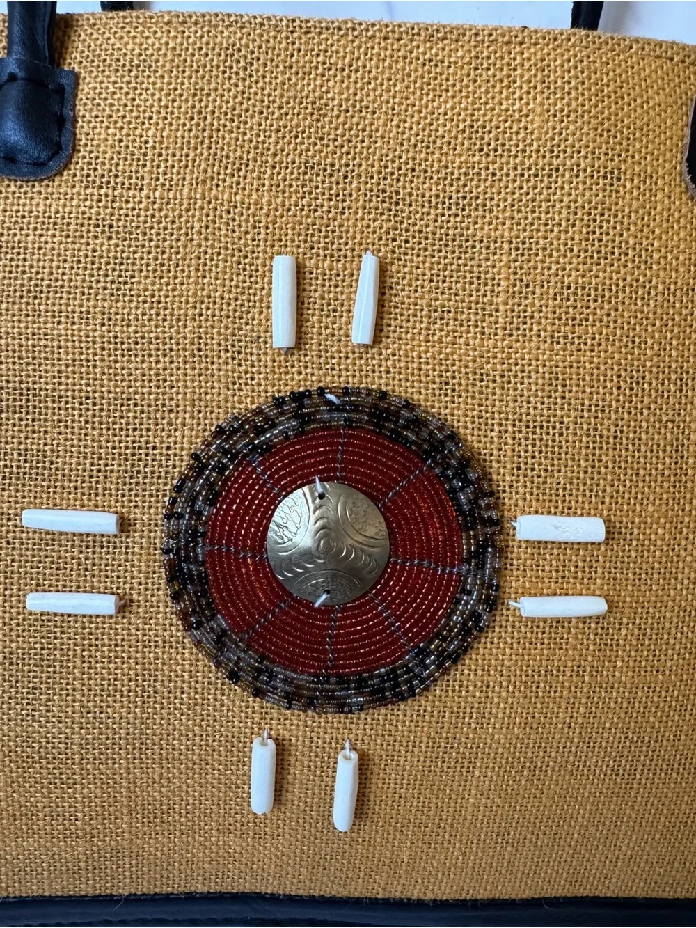 Mustard Straw Tote with Beaded Medallion and Black Handles